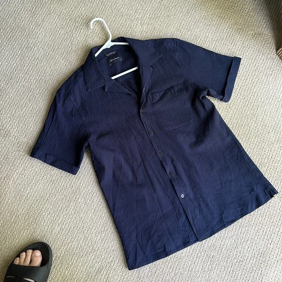 Oliver Sweeney, Ravenshead Navy Stripe. Cotton Seersucker Short Sleeved Shirt M - Picture 2 of 3